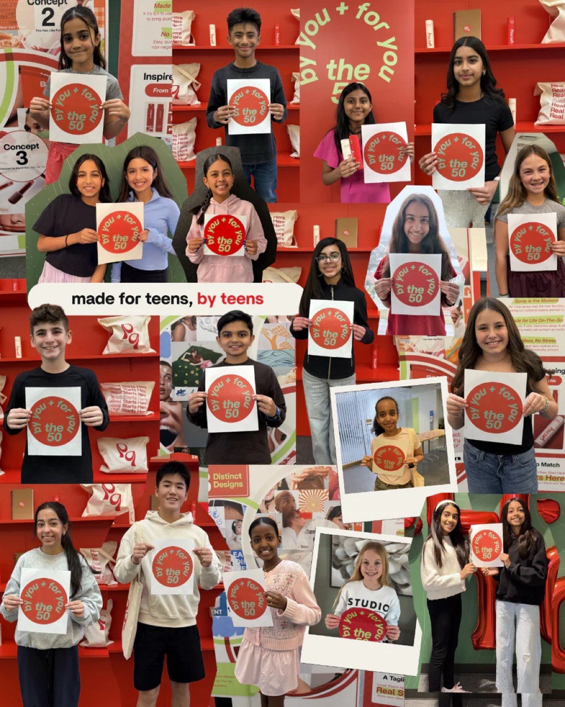 The Founding 50 — fifty teen and preteen co-creators holding 'made for teens, by teens' signs